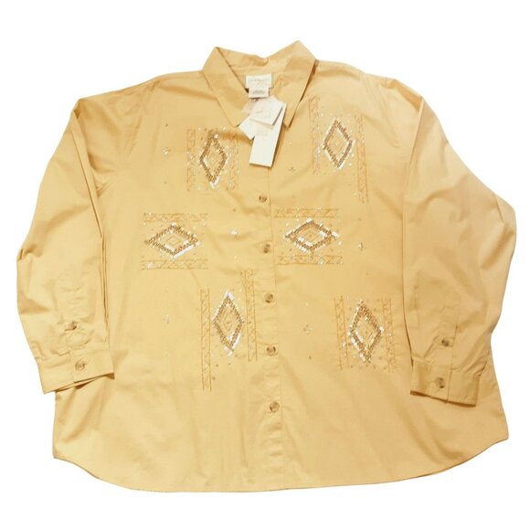 Capistrano Essentials Shirt Blouse Women 3X Tan Cotton Embellished Sequins NWT - Picture 1 of 6
